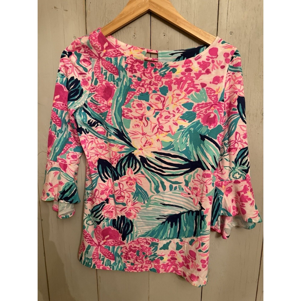 Lilly Pulitzer Fontaine Blouse XXS  Via ‎ Flora Ruffle 3/4 Sleeve New